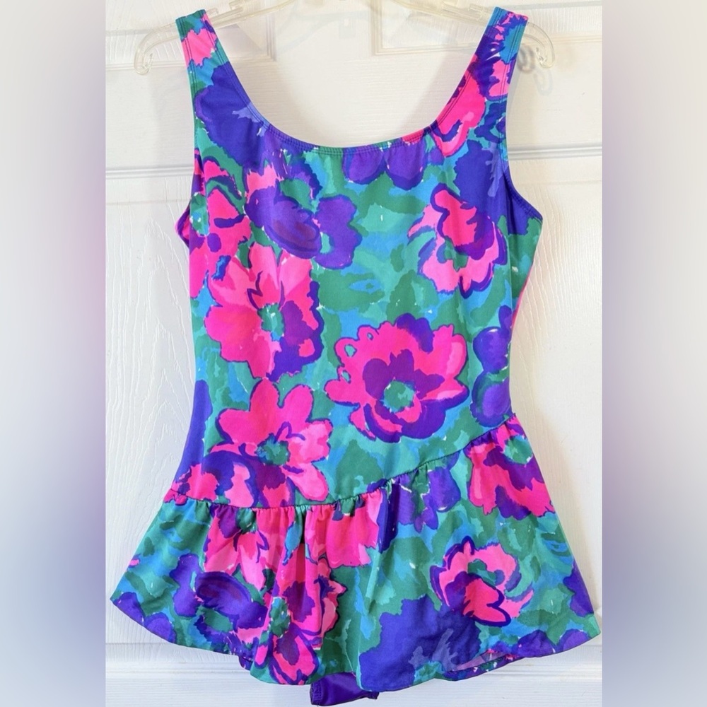 Vintage 70s Sun Bird Union Made Pink Blue Floral Swimsuit Swim Dress 20W